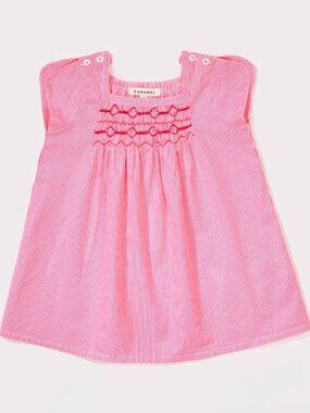 🌟CARAMEL🌟 GIRLS LUFFA SMOCKED COTTON A-LINE STRIPED DRESS PINK / WHITE SZ 2